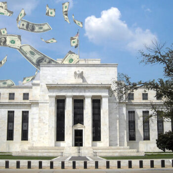 Federal Reserve building with floating dollar bills.