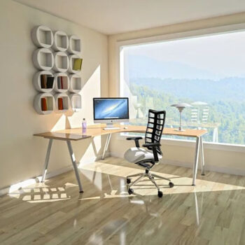 Modern home office with mountain view.