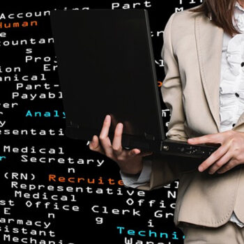 Businesswoman holding laptop with job titles background.