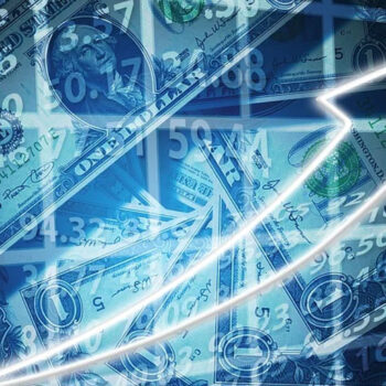 Rising arrow overlaid on dollar bills background.
