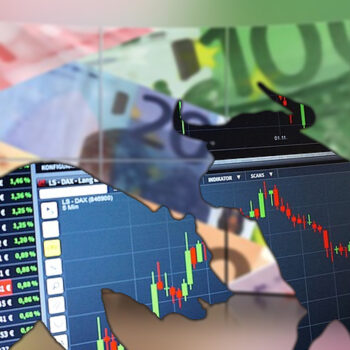 Bull and bear with stock market charts.