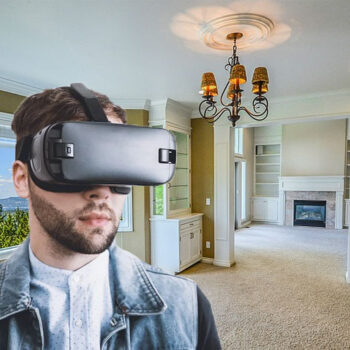 Person using VR headset in empty room.